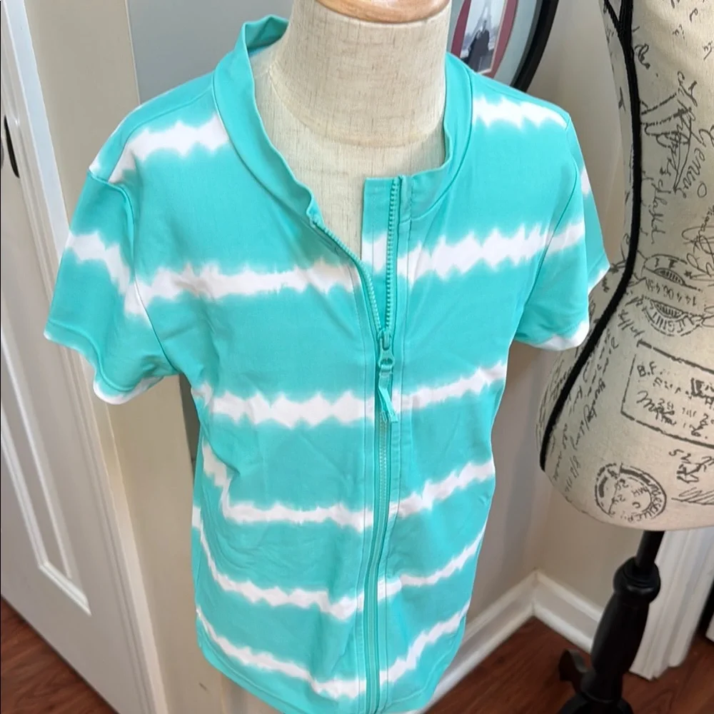 🏊‍♀️ GAP Kids Aqua & White Tie Dye Short Sleeve Zip Up Swim Rashguard XL/12 Girl